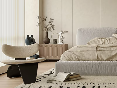 Minimalist Bedroom Interior Design With Beige Bedding Wooden Nightstand And Accent Chair 3d model