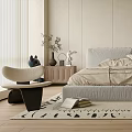 Minimalist Bedroom Interior Design With Beige Bedding Wooden Nightstand And Accent Chair