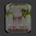 Cube Shaped Decorative Household Item with Moss Covered Surface and Red Silver Accents