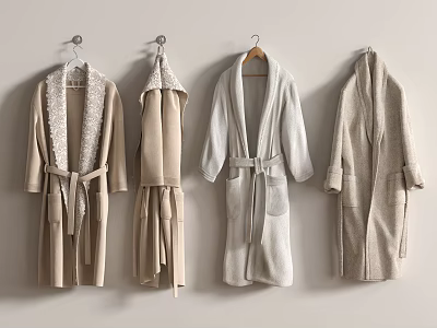 Cozy Belted Neutral Colored Robes Hanging On Wall With Long Sleeves 3d model