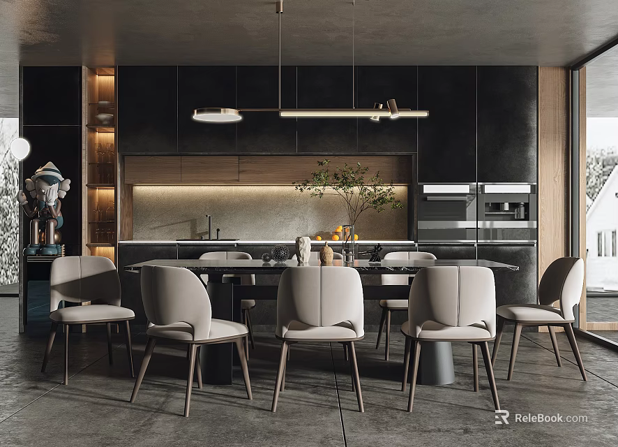 Modern Open Concept Restaurant Interior With Dining Table Chairs Pendant Lights And Green Plants 3d model 