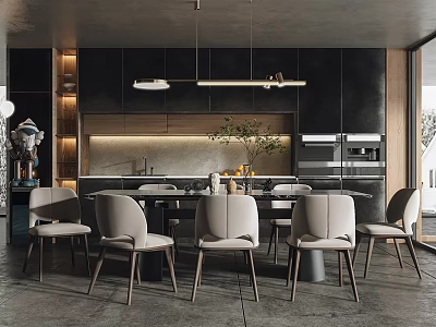 Modern Open Concept Restaurant Interior With Dining Table Chairs Pendant Lights And Green Plants 3d model
