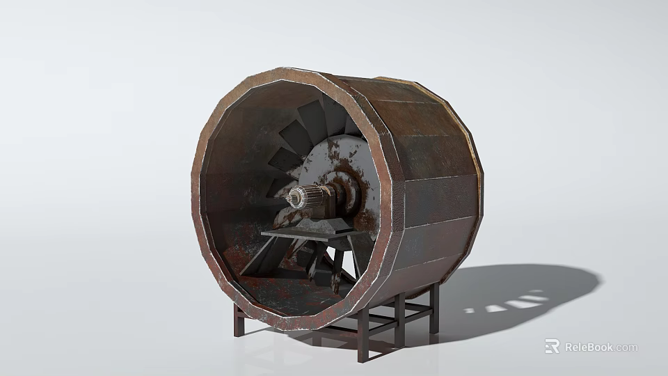 Large Industrial Equipment Rotary Drum With Metal Construction Support Frame And Internal Blades 3d model 