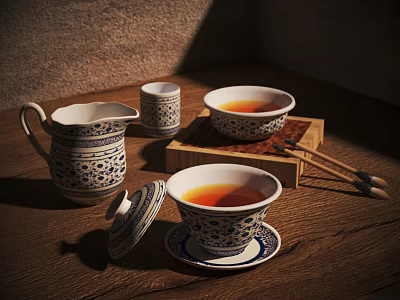 Traditional Blue And White Tea Set With Teapot Lidded Teacups Bowls Saucers And Wooden Tray 3d model