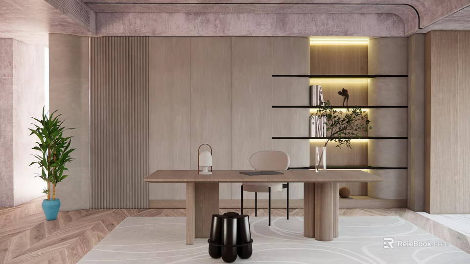 Modern Office Interior Design With Wooden Table Minimal Furniture Decorative Bookshelf Potted Plant Warm Lighting 3d model 