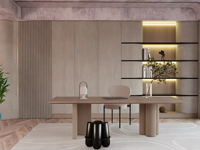 Modern Office Interior Design With Wooden Table Minimal Furniture Decorative Bookshelf Potted Plant Warm Lighting 3d model