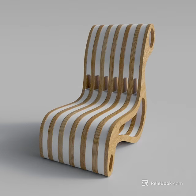 Stylish Striped Wooden Leisure Chair With Curved Design And Natural Wood Slats 3d model 