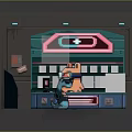 Cartoon Scene Featuring Futuristic Counter Neon Sign Screens Control Panels And Characters