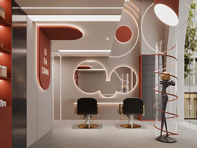 Modern Upscale Beauty Hair Salon Interior Design With Chic Circular Lighting Decor And Comfortable Hairdressing Chairs 3d model