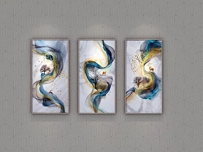Abstract Paintings With Fluid Blue Gold Lines Deer Tree Motifs Modern Wall Art Decor 3d model