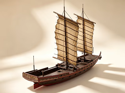 Traditional Wooden Ship Model With Two Sails And Decorative Hull Design 3d model
