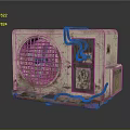 Rusty Air Conditioner Fan With Metal Grille Exposed Wires And Warning Labels On Base