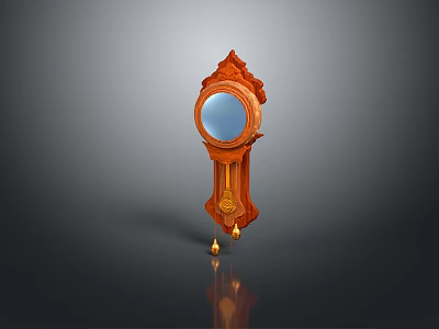 Classic Wooden Carved Wall Clock With Round Mirror Face And Decorative Pendulum 3d model