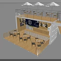 Traditional Japanese Restaurant With Outdoor Terrace Parasols Wooden Structure Blue Signage Bar Counter And Tables