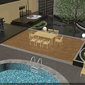 Lush Outdoor Garden Tree And Bushes In Patio Area With Swimming Pool Dining Table And Chairs