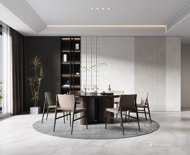 Modern Dining Room Interior With Round Table Chairs Bookshelf Wall Paneling And Decorative Plants 3d model 