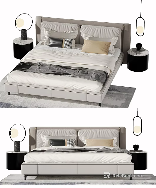 Modern Double Bed Interior With Soft Headboard Decorative Pillows And Nightstands 3d model