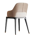 Modern Curved Back Dining Chair Upholstered In Brown Beige Fabric With Black Metal Legs