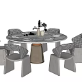 Modern Round Dining Table Set With Checkered Pattern Chairs And Wooden Pedestal Base 3d model
