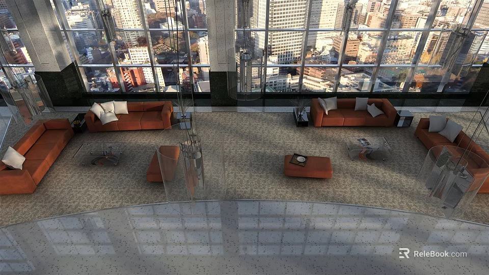 Spacious Modern Orange Sofa And Coffee Table Set With Large Windows And City View 3d model 