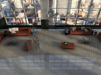 Spacious Modern Orange Sofa And Coffee Table Set With Large Windows And City View 3d model