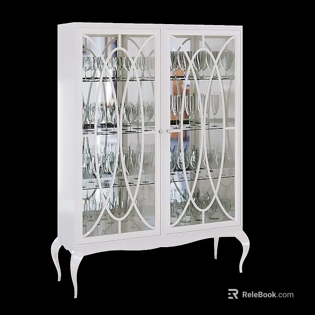 Elegant White Display Cabinet Featuring Glass Doors And Classical Design With Wine Glasses 3d model 