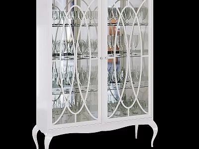 Elegant White Display Cabinet Featuring Glass Doors And Classical Design With Wine Glasses 3d model