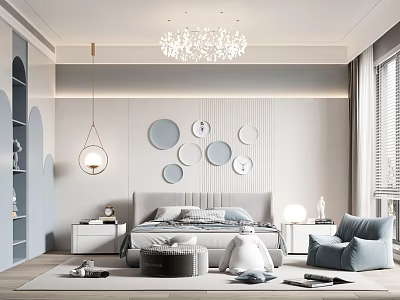 Modern Kids Room Interior With Gray Tones Circular Wall Decor Pendant Light And Accent Chair 3d model