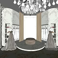 Luxury Bridal Shop Interior With Wedding Dresses Mirror Chandelier And Marble Walls