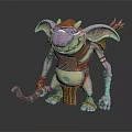 Smiling Fantasy Creature With Pink Skin Large Ears Horns Brown Armor Holding Staff Standing