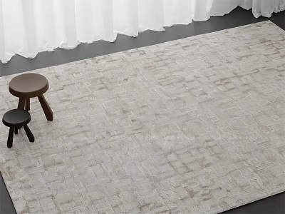 Square Rug With Light Beige Textured Pattern And Small Stools Near White Curtains 3d model