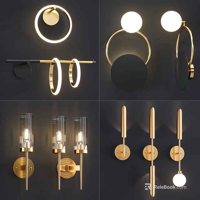 Contemporary Wall Lamps With Gold Black Circular Rings Linear Stems And Glass Shades For Interior Decor 3d model 