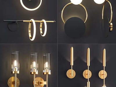 Contemporary Wall Lamps With Gold Black Circular Rings Linear Stems And Glass Shades For Interior Decor 3d model
