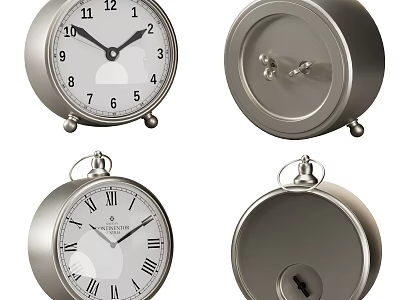 Table And Pocket Watch Style Metal Clocks With Roman Arabic Numerals And Classic Design 3d model