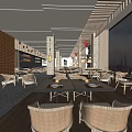 Modern Restaurant Interior With Wooden Accents Large Windows Hanging Red Flowers And Stone Columns