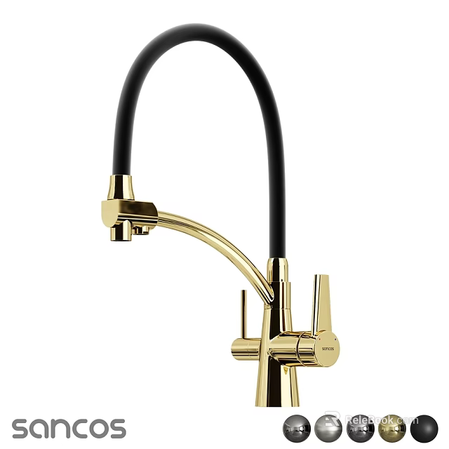 Stylish Golden Kitchen Faucet Featuring Black Flexible Hose And Double Handles 3d model 