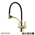 Stylish Golden Kitchen Faucet Featuring Black Flexible Hose And Double Handles