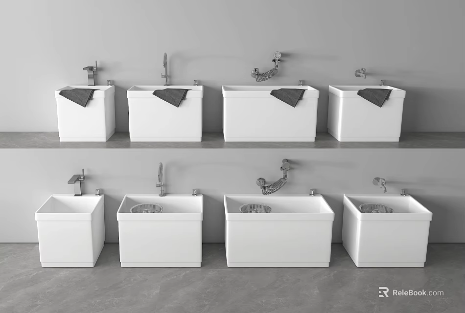 White Bathroom Sinks with Faucets and Towels on Two Shelves 3d model 