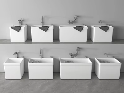 White Bathroom Sinks with Faucets and Towels on Two Shelves 3d model