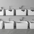 White Bathroom Sinks with Faucets and Towels on Two Shelves