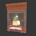 Vintage Wooden Display Corner With Dark Curtains Bulletin Board And Wooden Table Items