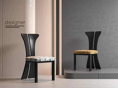 Designer Modern Dining Chairs with Patterned and Gold Fabric Seats and Black Wooden Frames 3d model