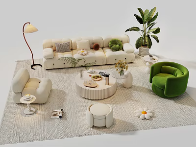 Cozy Modern Sofa and Coffee Table Set With Green Armchair Floor Lamp and Potted Plant 3d model