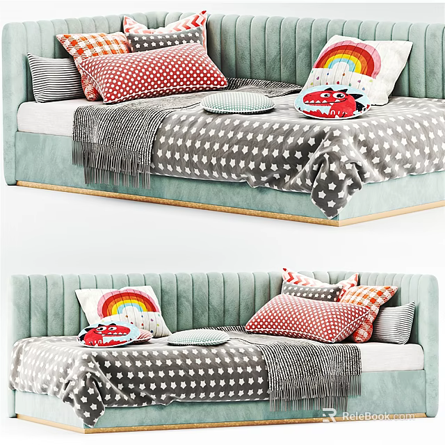 Cozy Velvet Sofa With Colorful Pillows Polka Dot Blanket And Rainbow Decor 3d model 