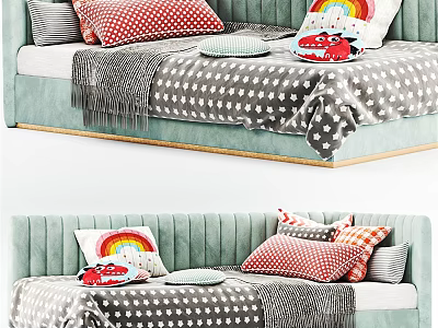 Cozy Velvet Sofa With Colorful Pillows Polka Dot Blanket And Rainbow Decor 3d model