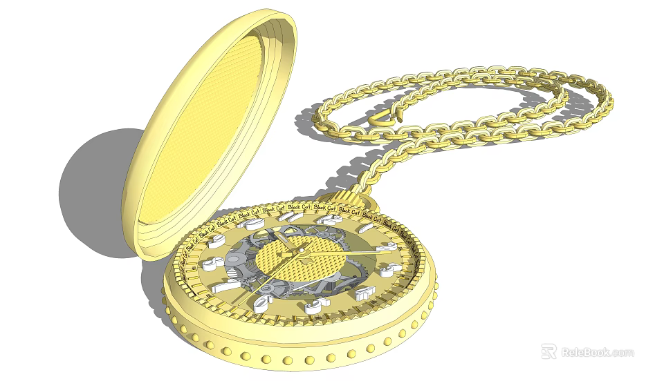 Golden Open Pocket Watch With Decorative Dial And Gold Chain Design 3d model 