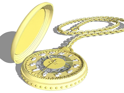 Golden Open Pocket Watch With Decorative Dial And Gold Chain Design 3d model