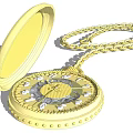 Golden Open Pocket Watch With Decorative Dial And Gold Chain Design