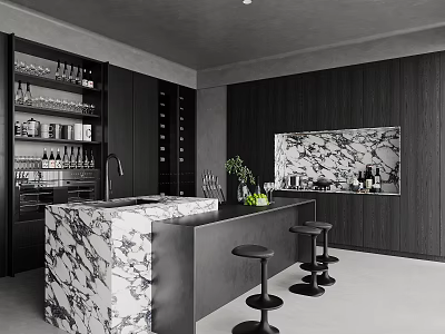 Modern Bar Area With Marble Counter And Black Stools 3d model