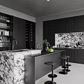 Modern Bar Area With Marble Counter And Black Stools 3d model